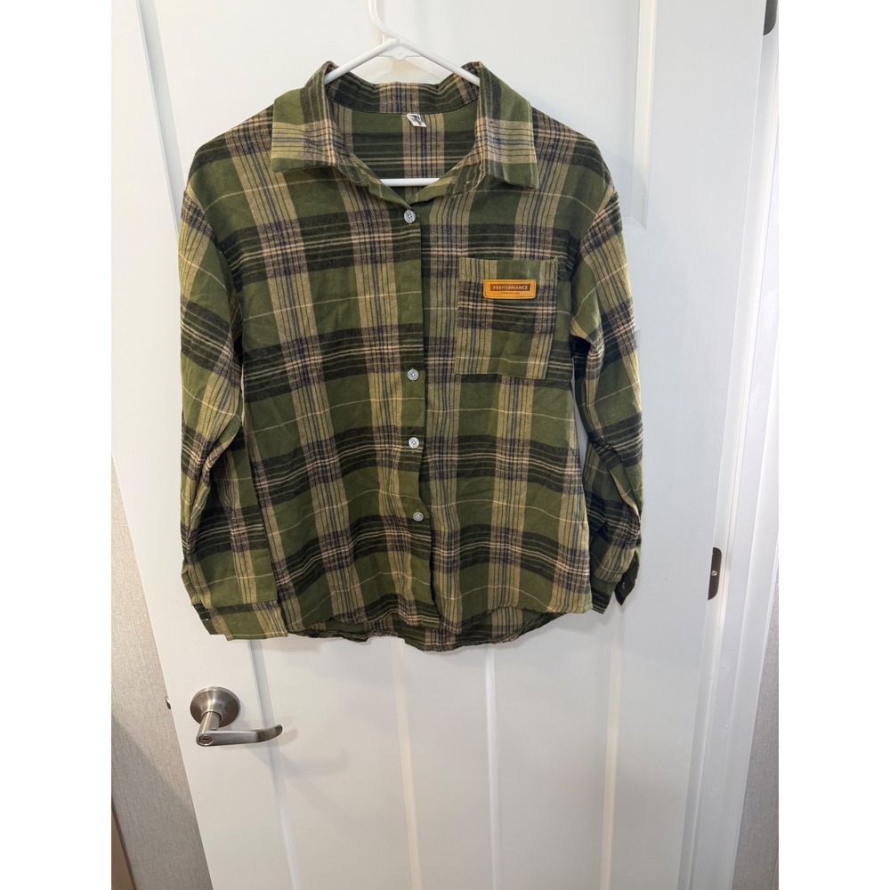 Fashion Classic Performance Plaid‎ Flannel Shirt Olive Green Brown Women Size 1